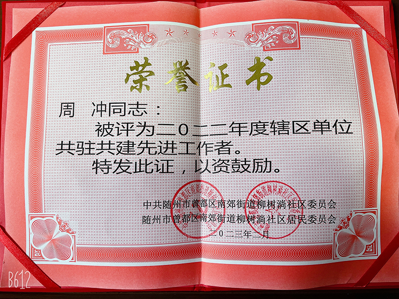 周冲被评为先进工作者
